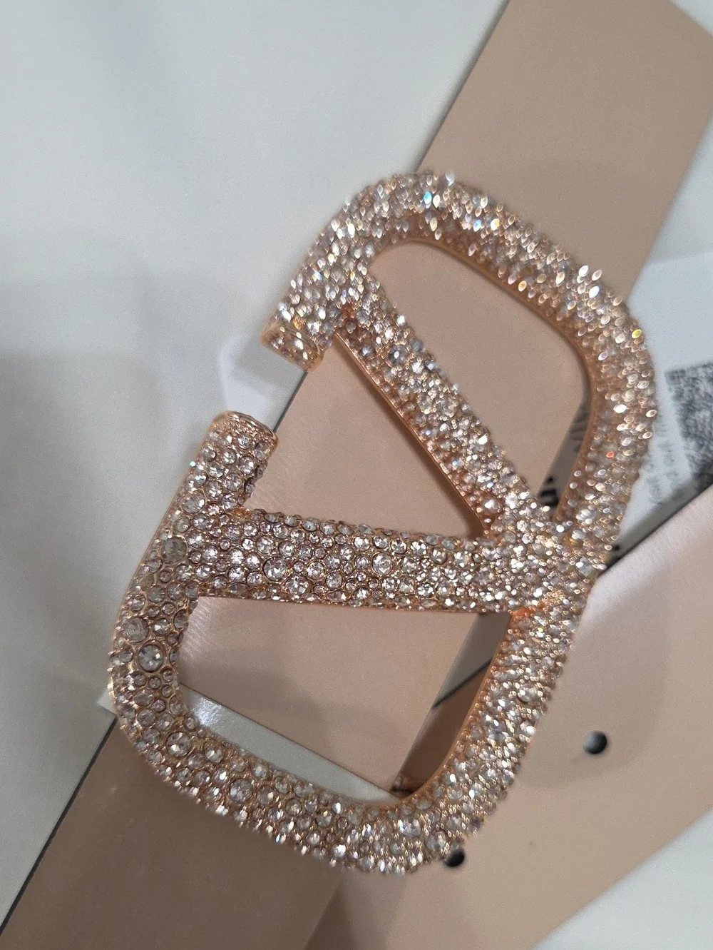 Valentino Garavani Cream White Belt with Rose Gold Sparkle Buckle